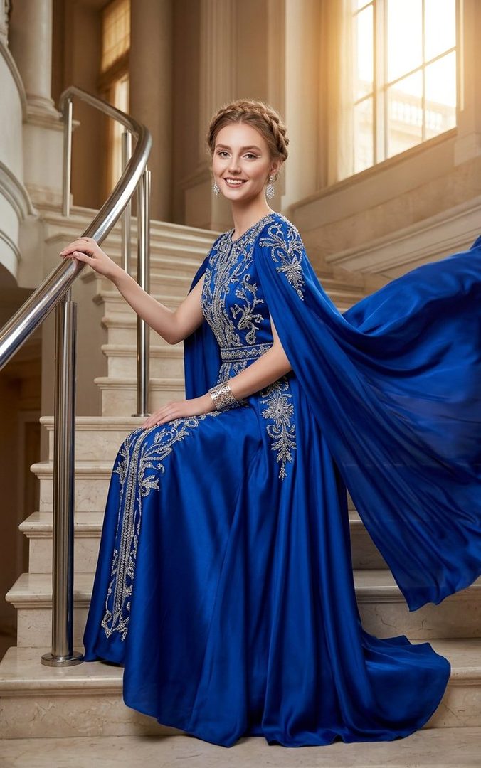A smiling woman with braided hair sits on a grand staircase, wearing an elegant royal blue gown with silver embroidery and a flowing cape.