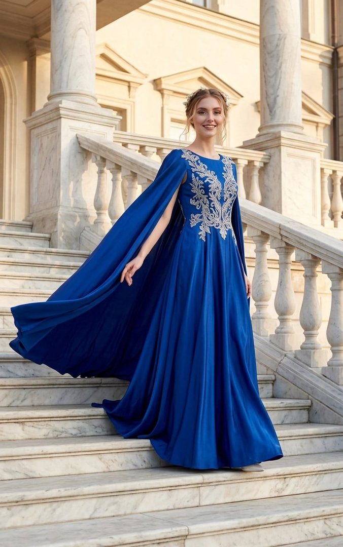A smiling woman in a flowing royal blue gown with silver embroidery stands on marble stairs, with a grand building in the background.