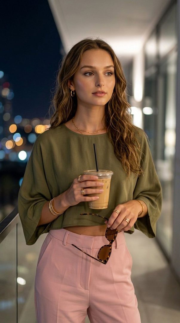 A young woman with long wavy brown hair holds a coffee and sunglasses, wearing a green top and pink pants, standing outdoors at night.