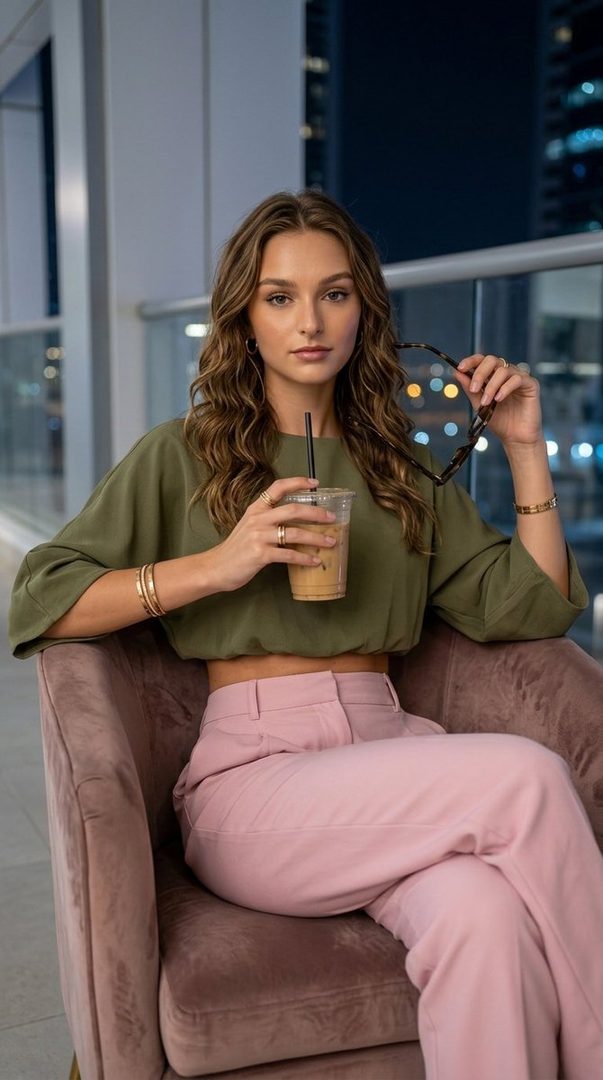 A young woman with long brown wavy hair sits in a plush armchair, holding a drink and sunglasses, with a city skyline visible in the background.