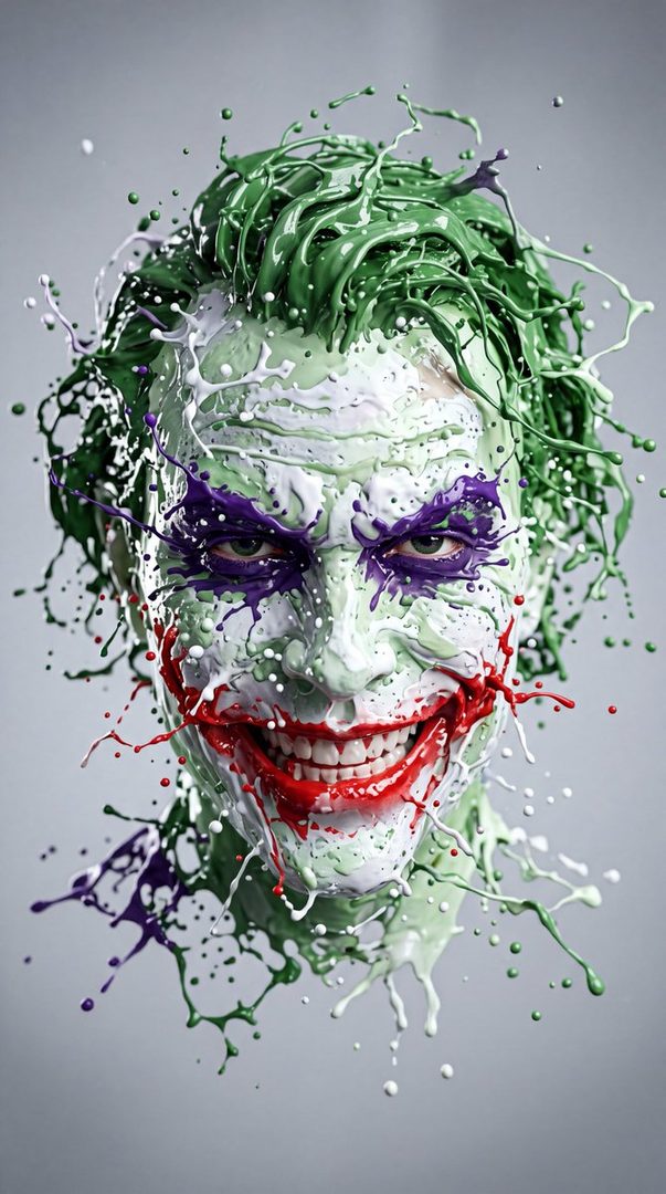 A photorealistic portrait of the Joker's face covered in splashing green, white, and purple paint.