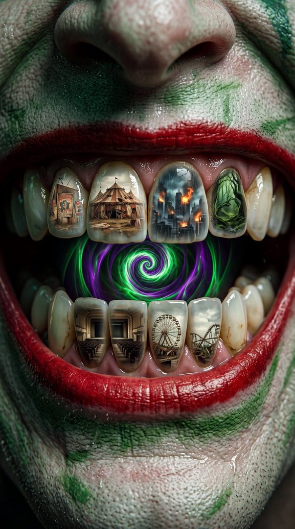 Close-up of a mouth with clown makeup, featuring images of a circus tent, burning city, forest, and amusement park rides on the teeth, with a psychedelic swirl in the throat.