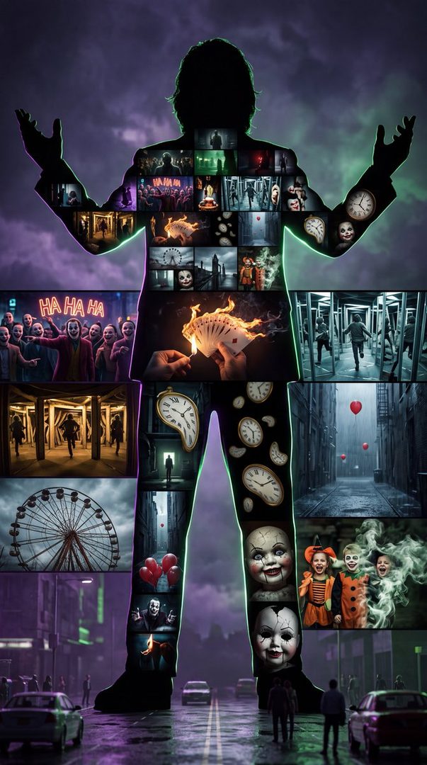 A silhouette of a person filled with various unsettling images, including clowns, dolls, and distorted clocks, set against a dramatic, cloudy sky.