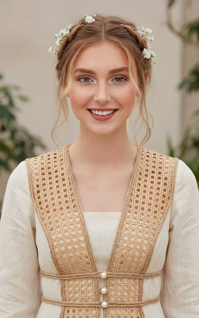 A young woman with blonde hair styled in braids adorned with small white flowers, wearing a white linen dress with a decorative woven vest, smiles gently.