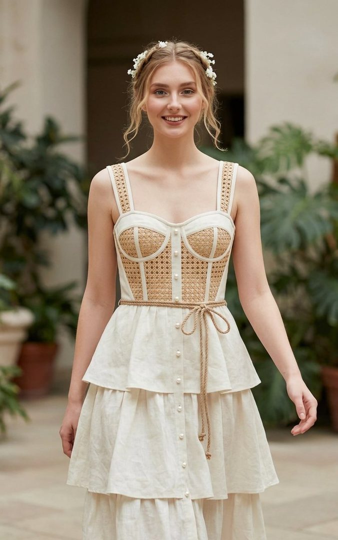A young woman with blonde hair styled in braids and adorned with small white flowers smiles gently, wearing a white tiered dress with a woven corset-style bodice and a jute rope belt.
