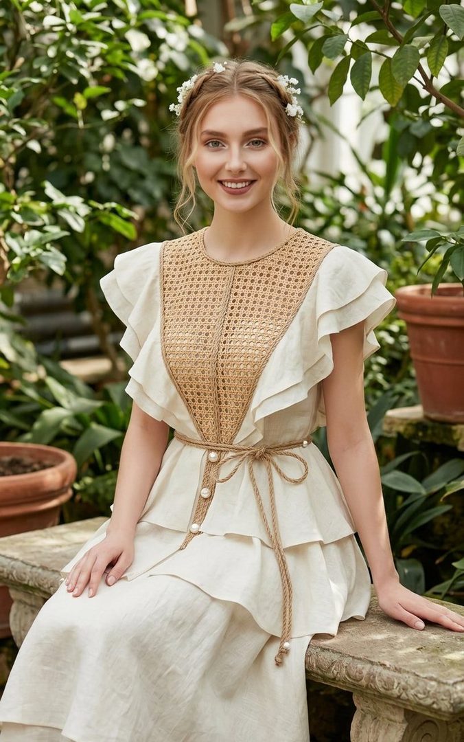 A young woman with braided blonde hair adorned with small white flowers, wearing a tiered linen dress with a woven bodice, sits in a lush garden.