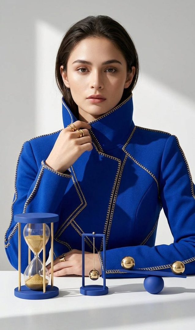A woman with dark hair wearing a striking blue coat with gold trim, posing in a studio setting with decorative hourglass and pendulum objects.