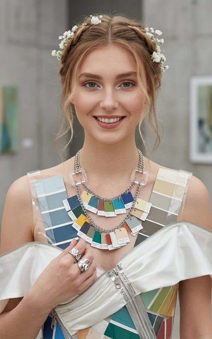A young woman with blonde braided hair adorned with small white flowers, wearing a unique dress made of paint swatches and a chain necklace, smiles at the camera.