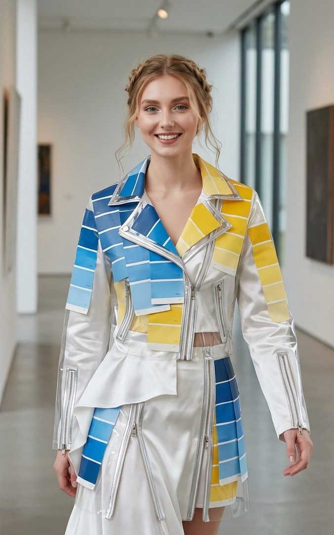 A young woman with braided blonde hair smiles confidently, wearing a unique jacket and skirt inspired by paint swatches in shades of blue and yellow, set in a modern art gallery.