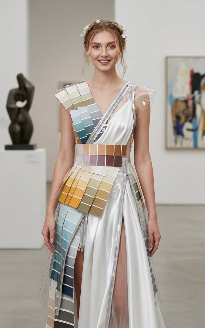A young woman with blonde hair styled in braids and adorned with small white flowers smiles confidently, wearing a unique white satin dress decorated with paint swatches in various colors.