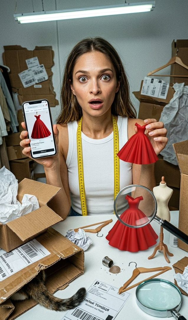 A surprised woman holds up a miniature red dress next to a smartphone displaying the same dress, surrounded by shipping boxes and tailoring tools.
