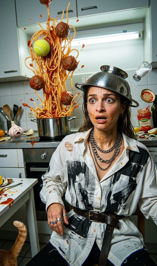 A woman with a colander on her head looks shocked as spaghetti and meatballs explode from a pot in a messy kitchen.