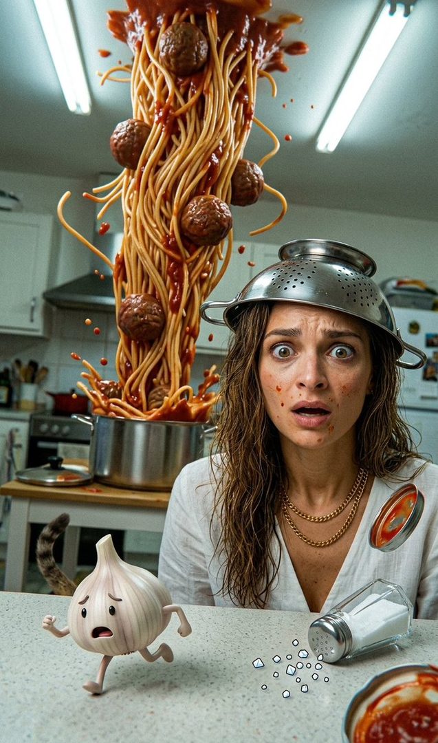 A woman with a colander on her head looks shocked as spaghetti and meatballs erupt from a pot in a kitchen, with a cartoon garlic character running on the counter.