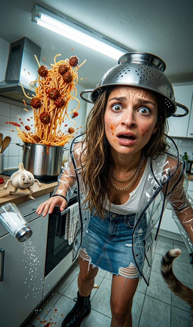 A woman with a colander on her head looks shocked as spaghetti and meatballs erupt from a pot in a messy kitchen, with a cartoon garlic character nearby.