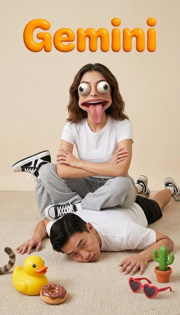 A woman with exaggerated cartoon eyes and tongue sits on a man lying on the floor, with the word 'Gemini' in large orange letters above them.