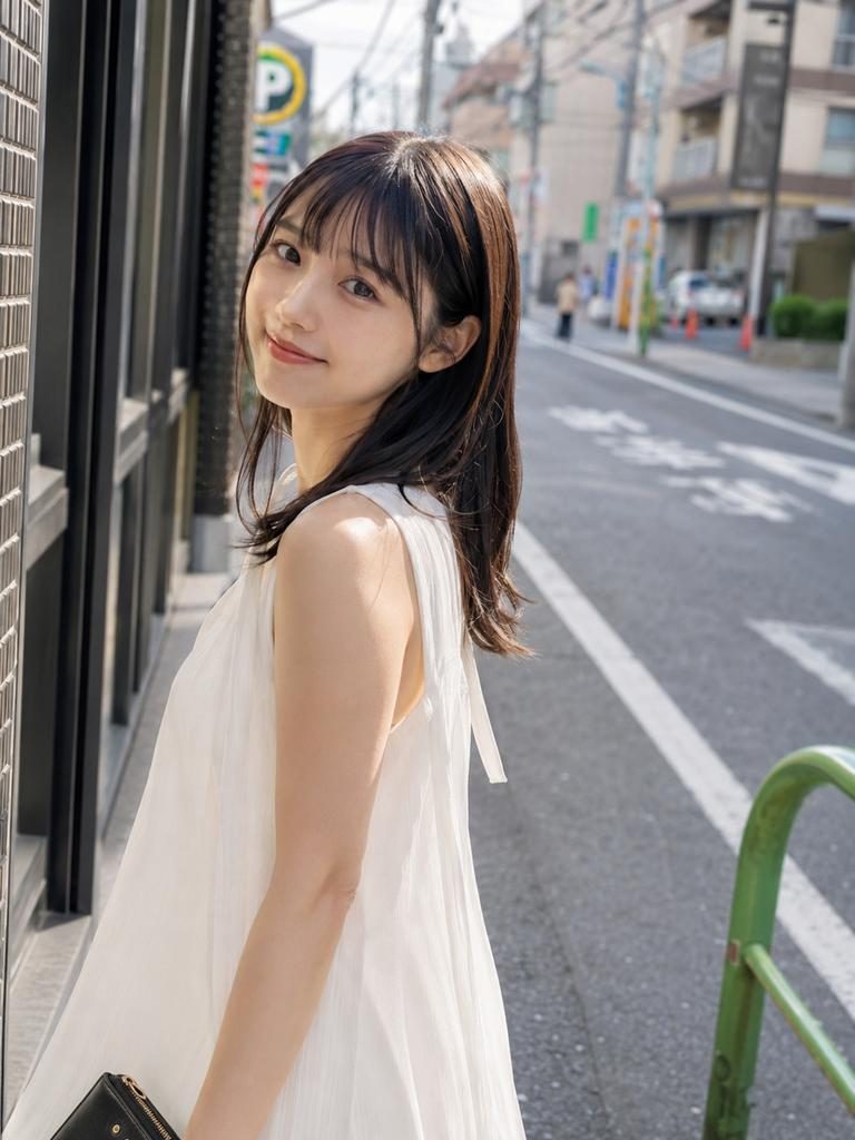 A young woman with dark brown hair and bangs, wearing a white sleeveless dress, smiles gently while looking over her shoulder on a city street.