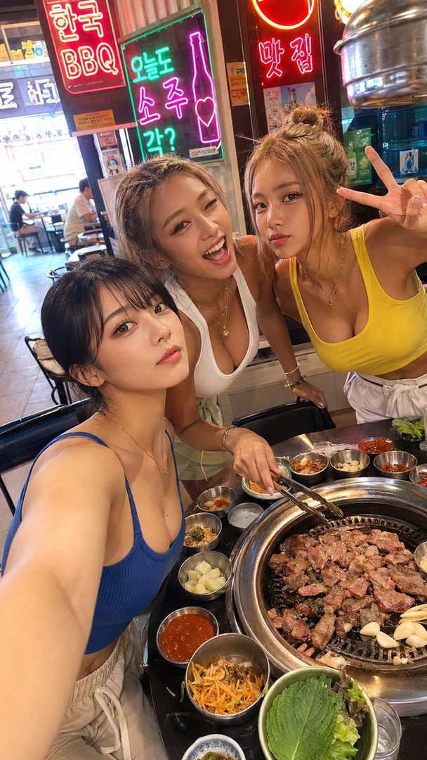 Three young women are enjoying Korean BBQ in a restaurant with neon signs in the background.