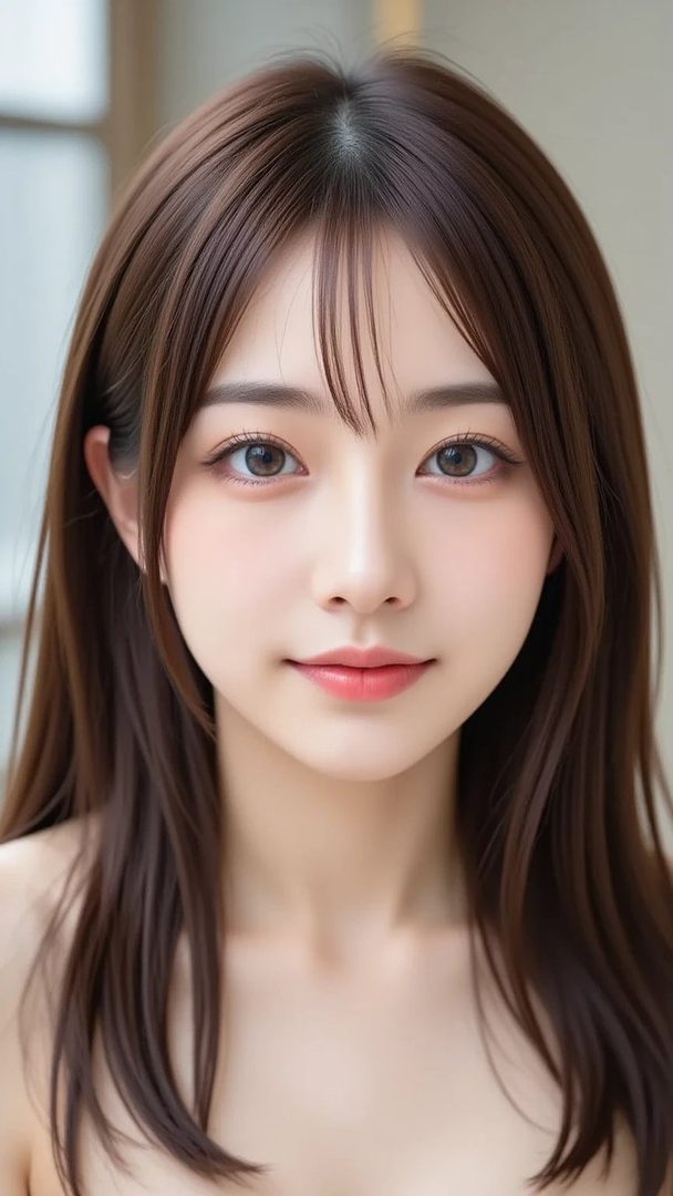 A photorealistic AI portrait of a young East Asian woman with long brown hair and bangs, looking directly at the camera with a gentle expression.