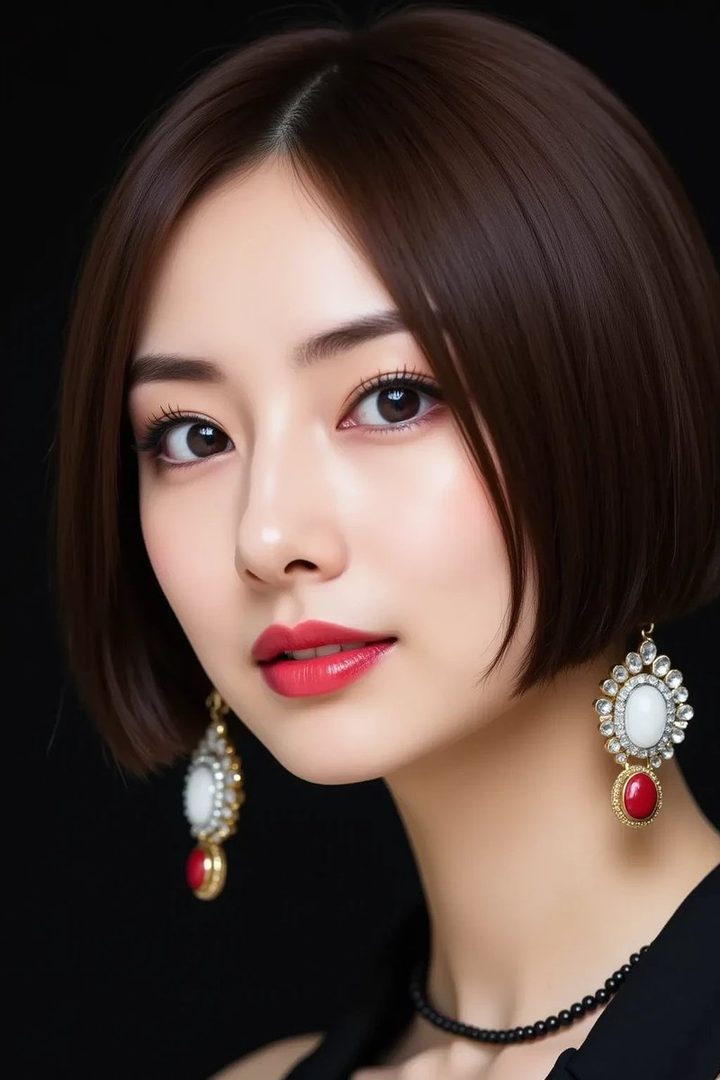 A photorealistic AI portrait of a beautiful East Asian woman with short brown hair, wearing elegant earrings and a black top, against a black background.