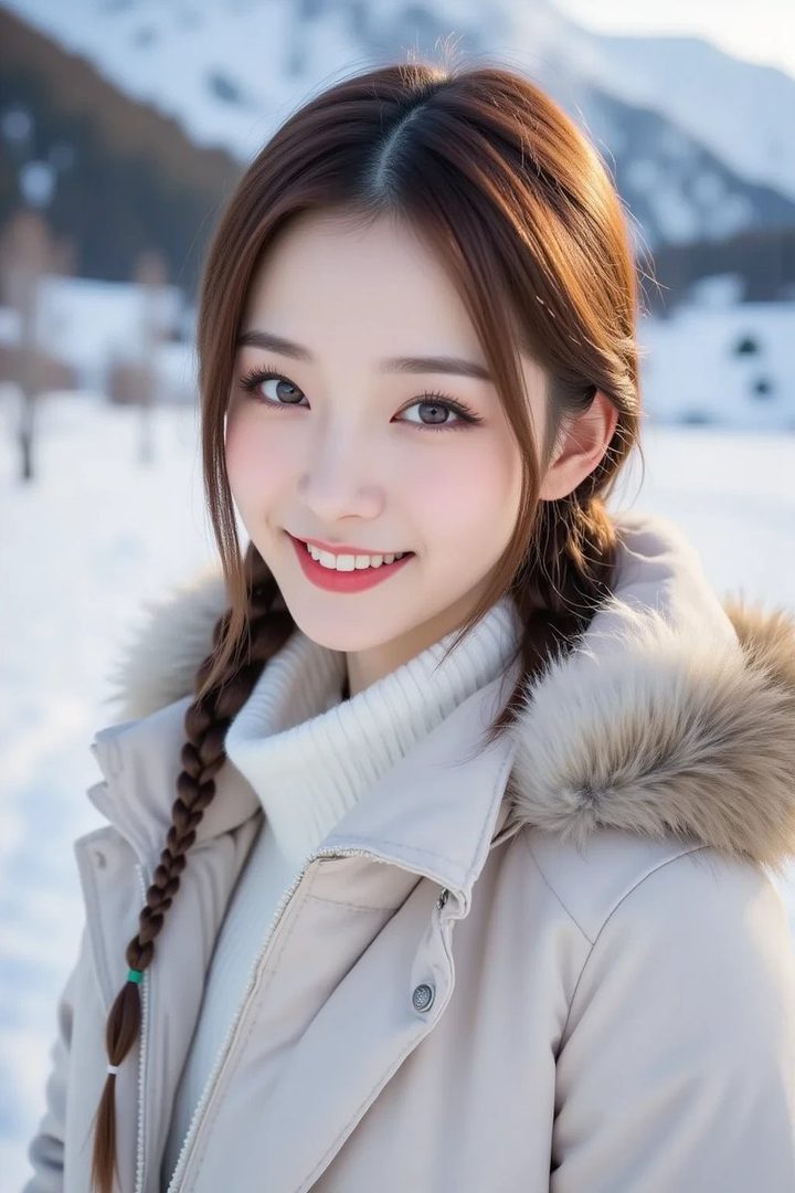 A beautiful AI-generated portrait of a young East Asian woman with brown braided hair, wearing a white turtleneck and a beige winter coat with fur trim, smiling warmly in a snowy outdoor setting.