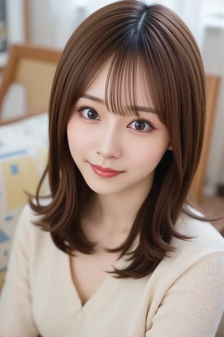 A photorealistic portrait of a young Japanese woman with long brown hair and bangs, wearing a cream-colored sweater, smiling gently.