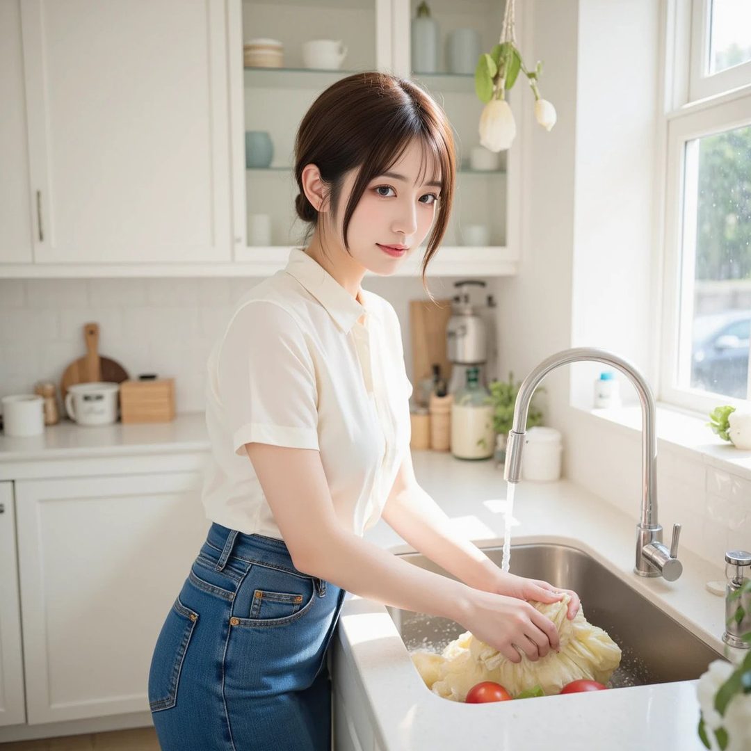 A young woman with brown hair tied up is washing vegetables in a kitchen sink, wearing a white shirt and blue jeans.