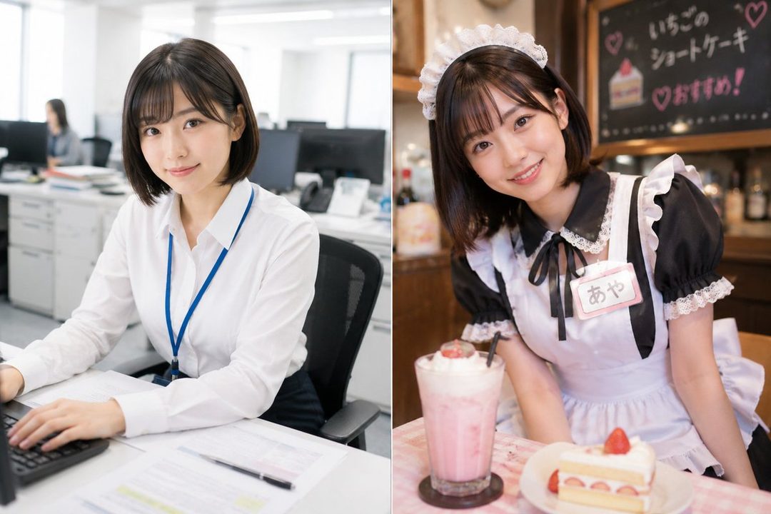 Split image: on the left, a woman in office attire works at a computer; on the right, the same woman wears a maid outfit and smiles, with cake and a drink.