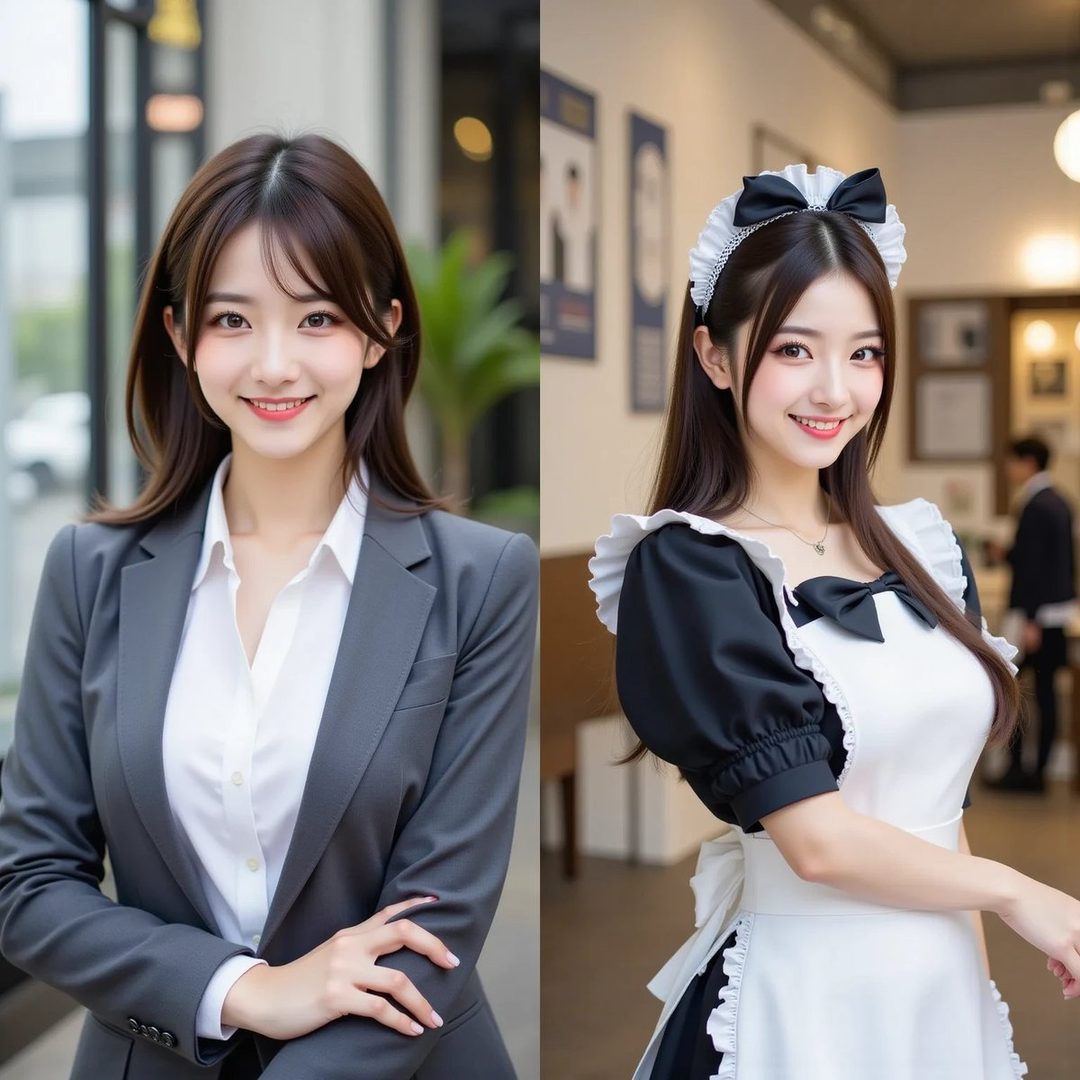 Split image showing two AI-generated portraits of a young East Asian woman. On the left, she wears a grey business suit and white blouse. On the right, she is dressed as a maid with a black and white uniform.