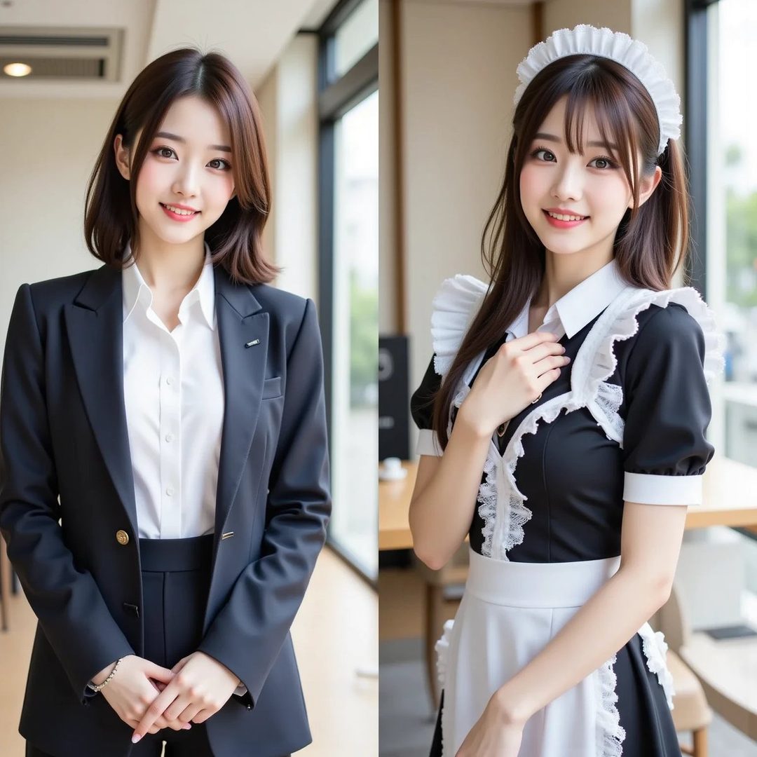 Two AI-generated portraits of young East Asian women, one in a business suit and the other in a maid outfit.