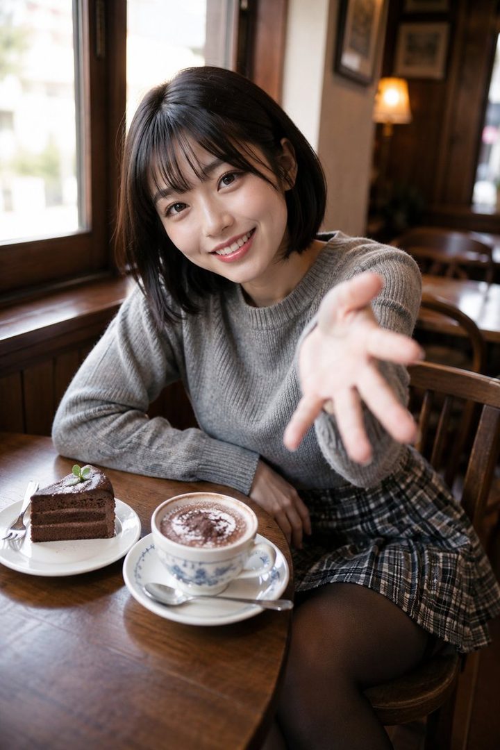 A young East Asian woman with short black hair and bangs, wearing a grey sweater and plaid skirt, smiles invitingly while sitting at a cafe table with a slice of chocolate cake and a cup of coffee.
