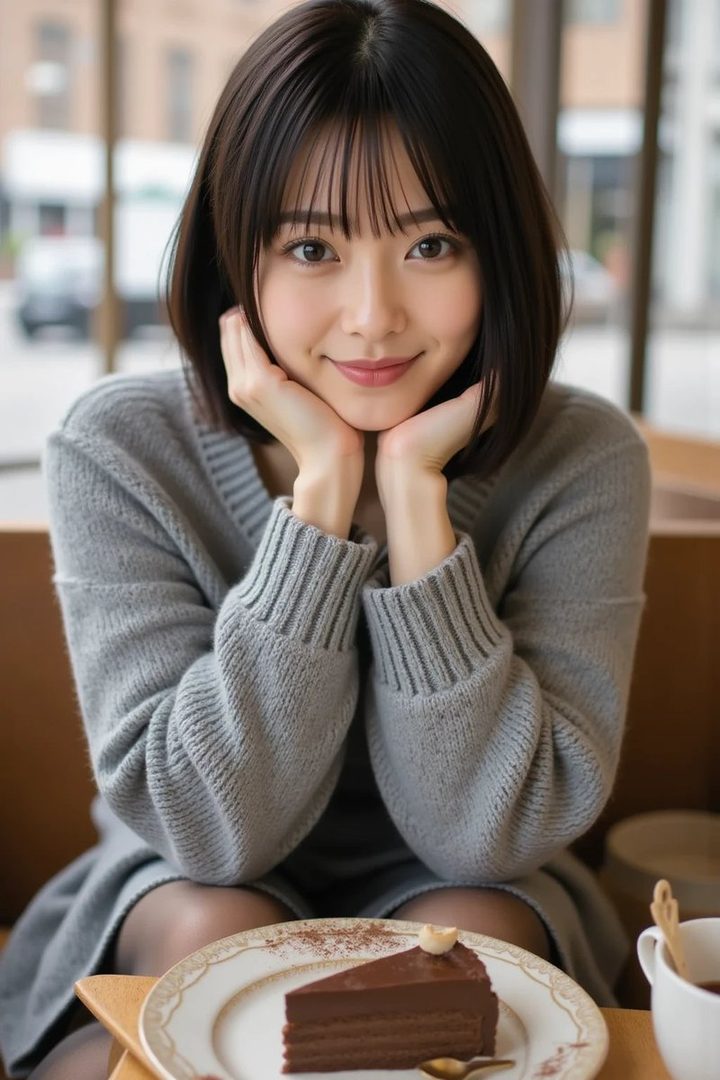 A young East Asian woman with short black hair and bangs, wearing a grey sweater, smiles gently with her hands on her cheeks, a slice of chocolate cake sits on a plate in front of her.