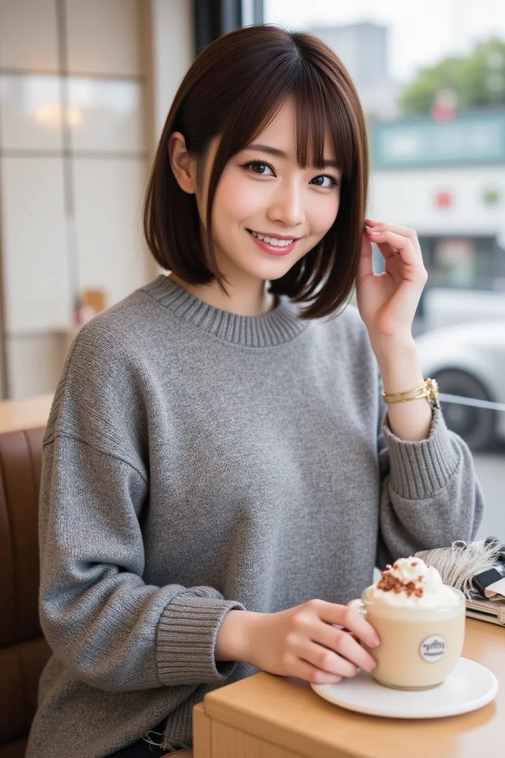 A young East Asian woman with a bob haircut and bangs, wearing a grey sweater, smiles gently while holding a cup of coffee with whipped cream in a cafe.