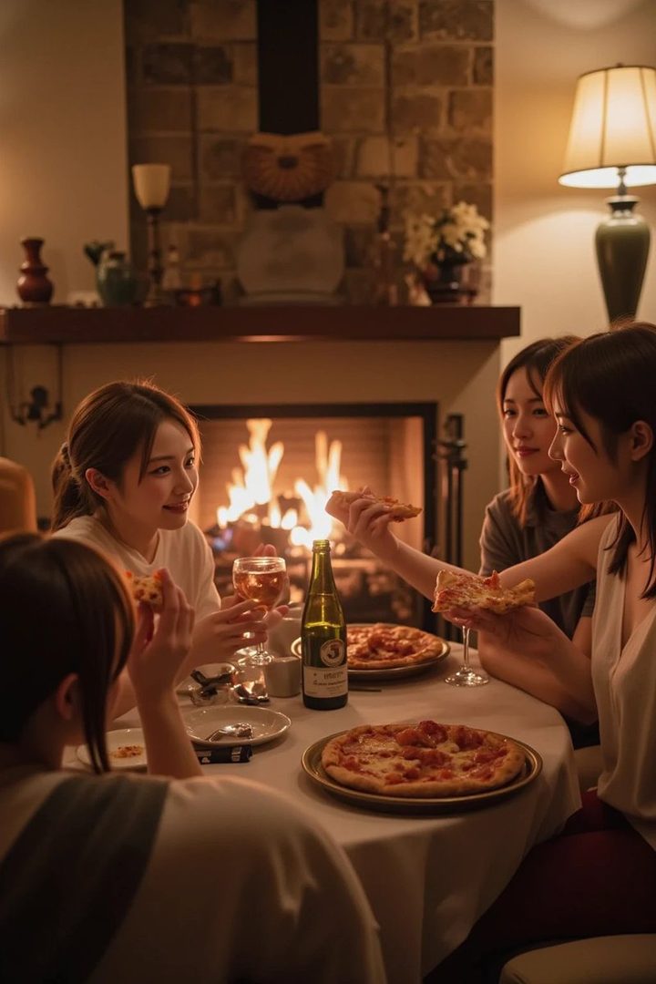 Four East Asian women enjoying pizza and drinks by a fireplace.