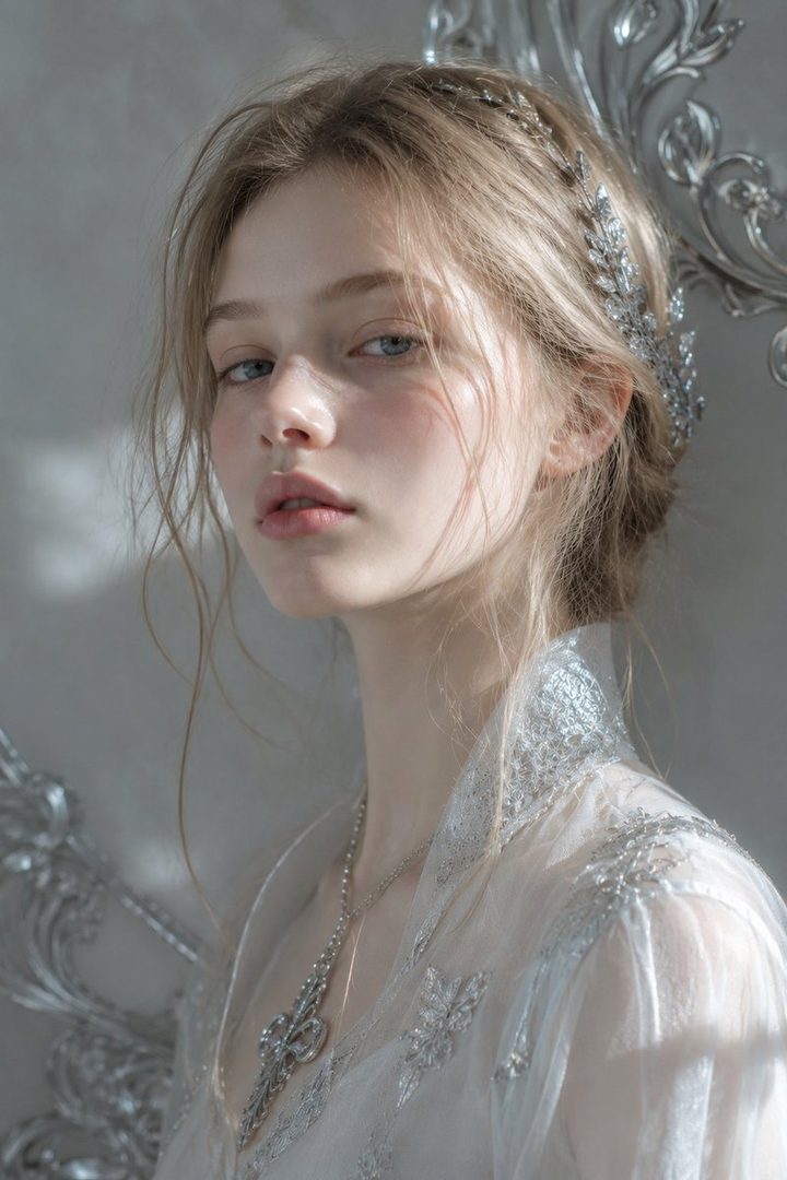 A beautiful AI-generated portrait of a young woman with blonde hair, wearing an elegant silver-adorned dress and a delicate headpiece, with a dreamy and ethereal atmosphere.