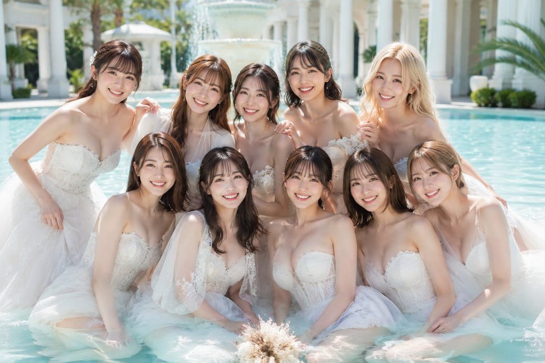 A group of ten young women in white dresses posing in a swimming pool.