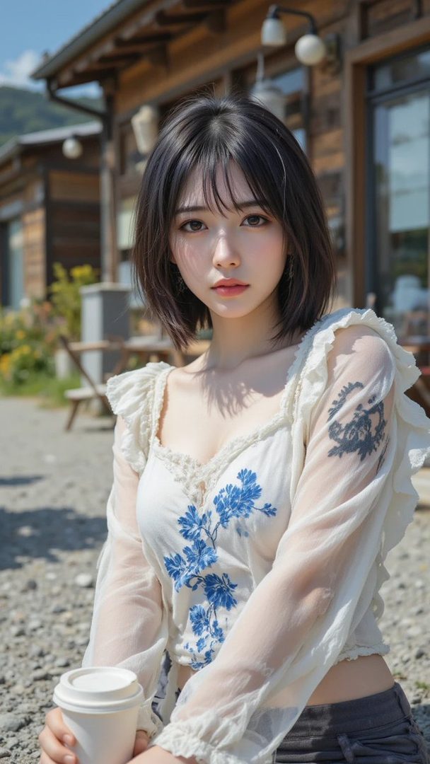 A young woman with short black hair and bangs, wearing a white ruffled top with blue floral embroidery, holds a coffee cup outdoors.