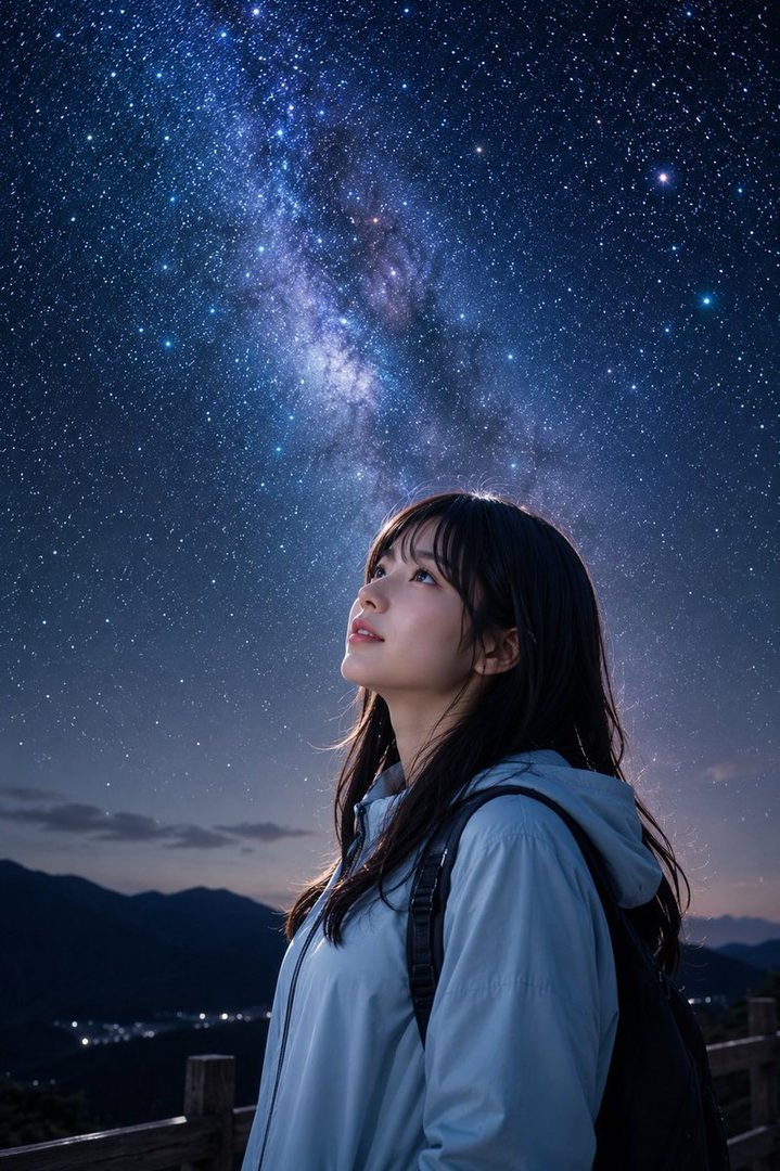 A young woman with long black hair looks up at the starry night sky, with the Milky Way visible above.