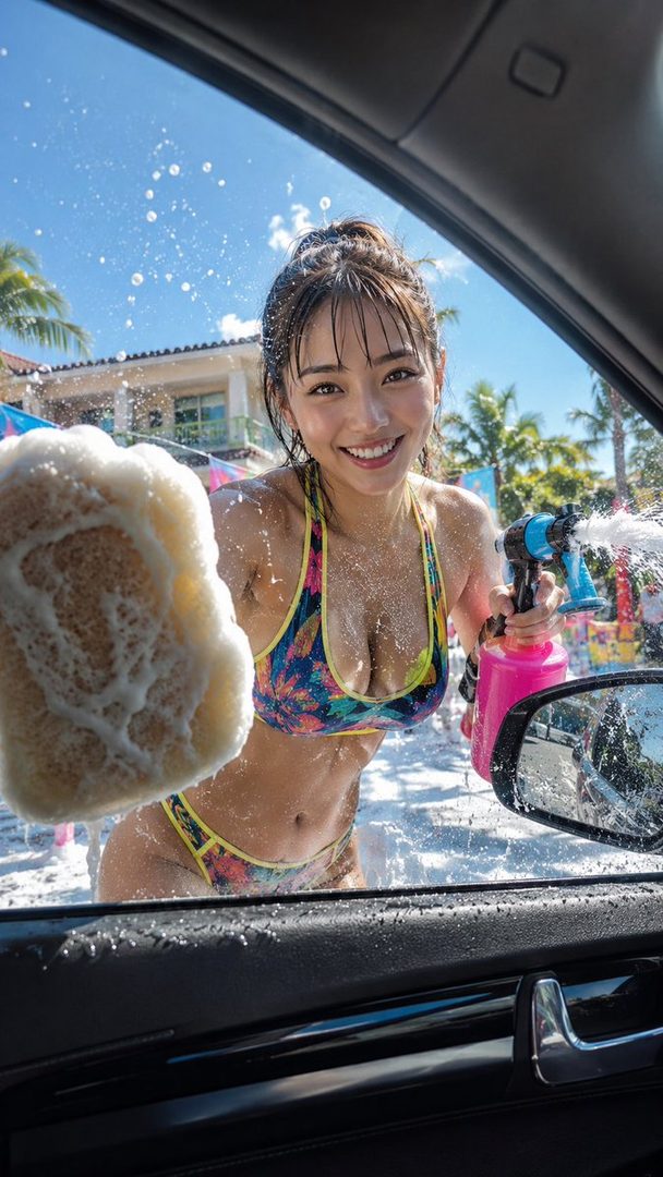 A smiling woman in a bikini washes a car, with soap suds and water splashing.