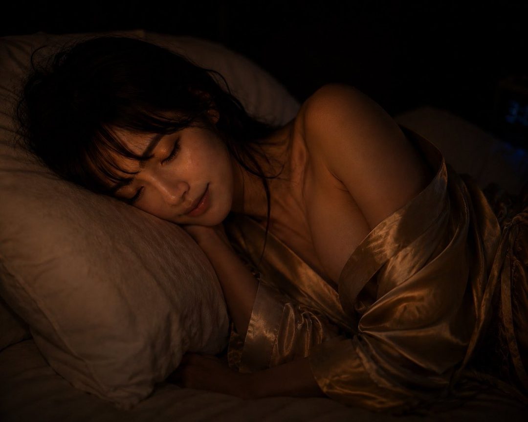 A photorealistic AI portrait of a young East Asian woman sleeping peacefully in bed, wearing a satin robe.