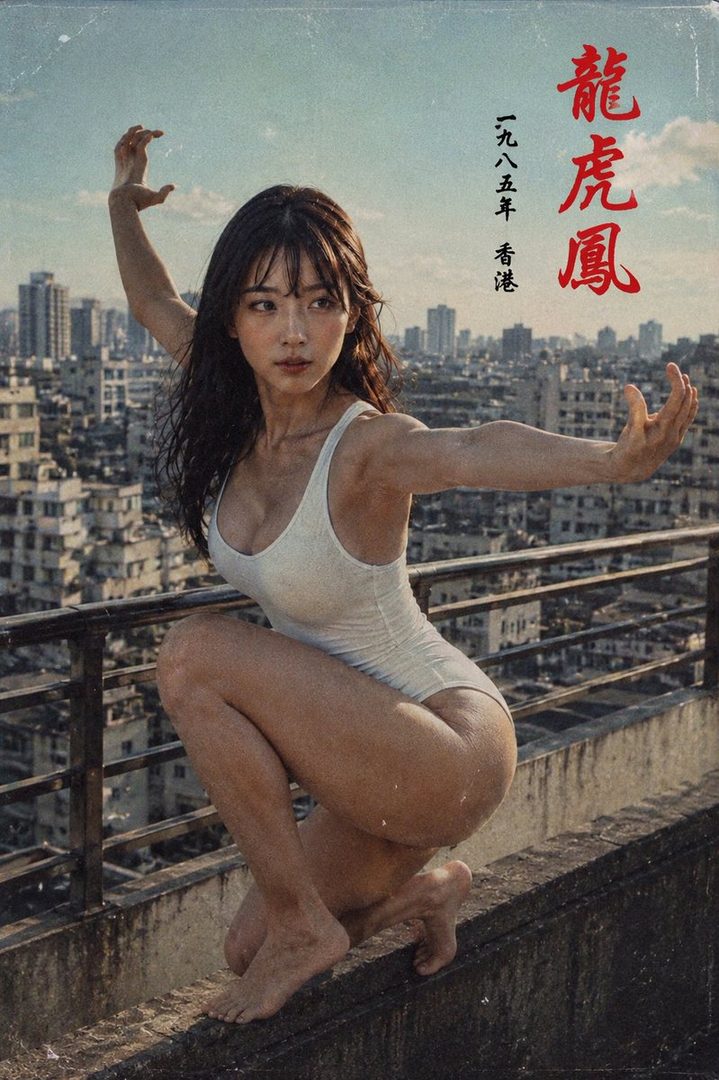 A woman in a white swimsuit poses on a rooftop overlooking a city skyline, with Chinese text overlay.