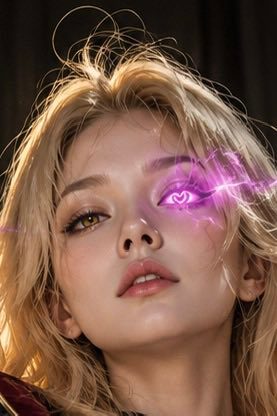 Close-up portrait of a young woman with blonde hair and a glowing purple eye with a heart symbol, AI-generated.