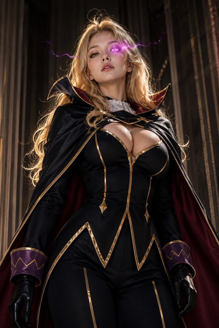 A blonde woman in a black and gold costume with a cape, striking a powerful pose with a glowing purple eye.