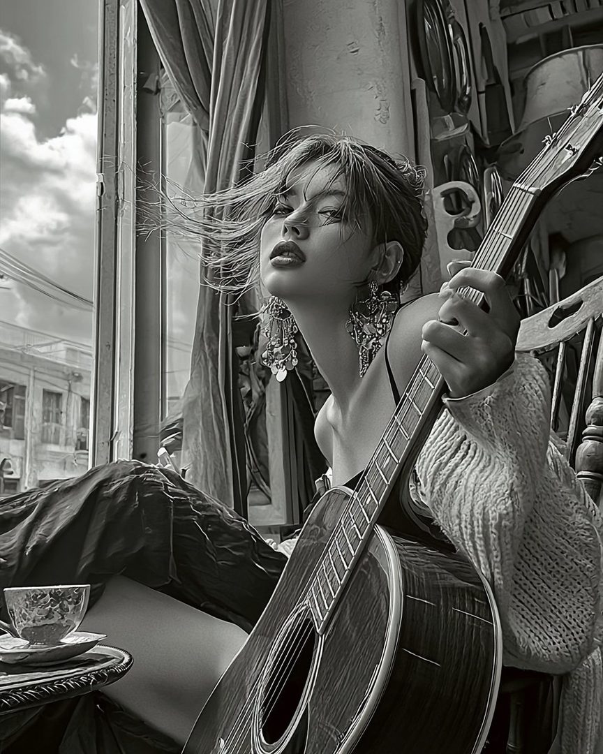 A black and white portrait of a young woman with windblown hair holding a guitar, looking thoughtfully out a window.