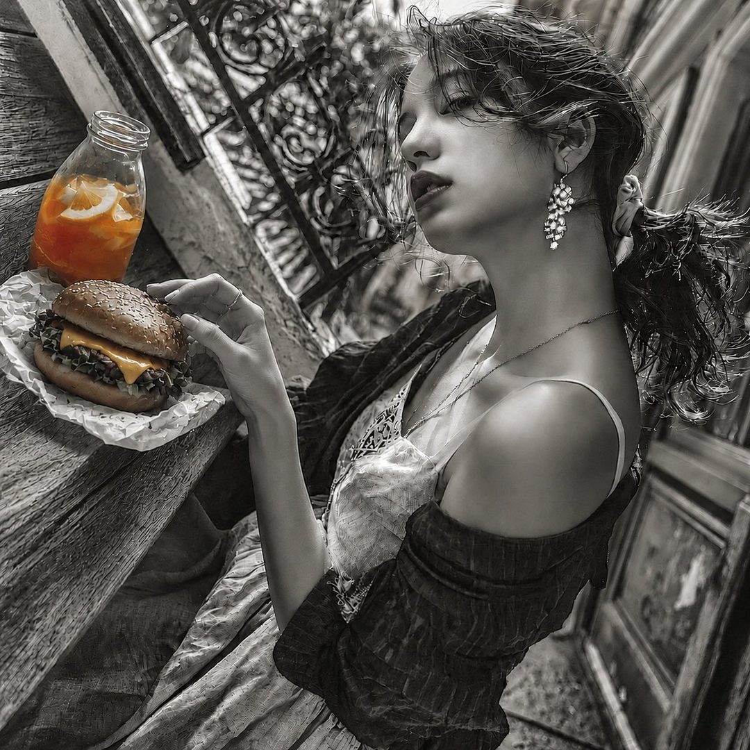 A young woman with a ponytail, wearing casual clothing, enjoys a hamburger and a drink outdoors.