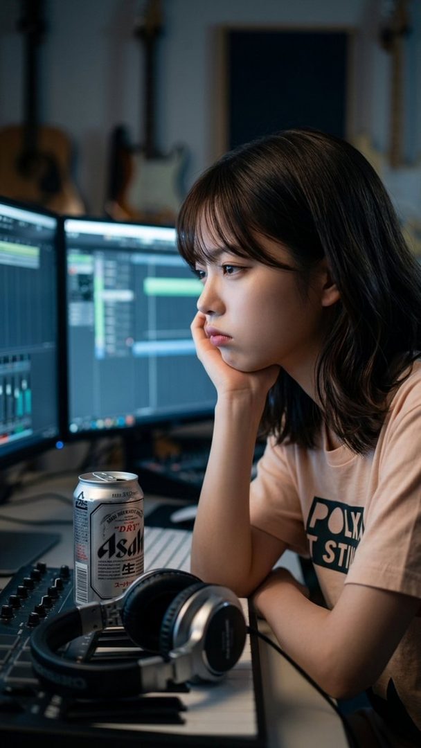 A young woman with dark hair and bangs, wearing a light-colored t-shirt, rests her chin on her hand while looking at computer monitors in a dimly lit music studio, with headphones and a soda can on a keyboard in the foreground.