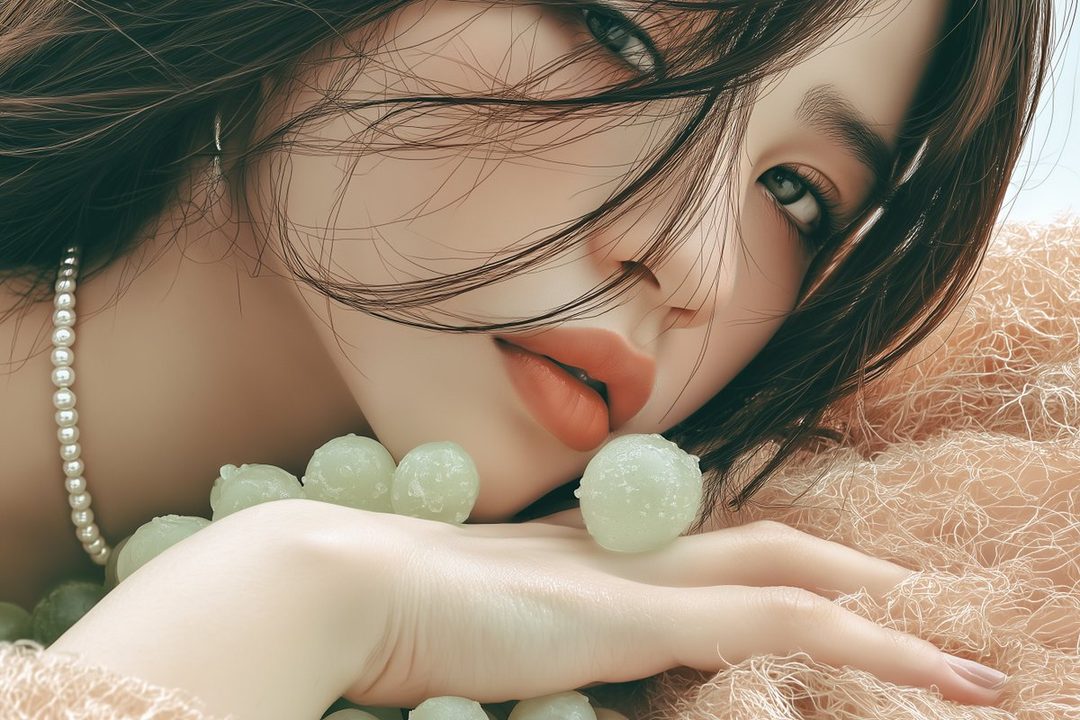 A close-up portrait of a young East Asian woman with dark hair, wearing a pearl necklace and holding grapes.