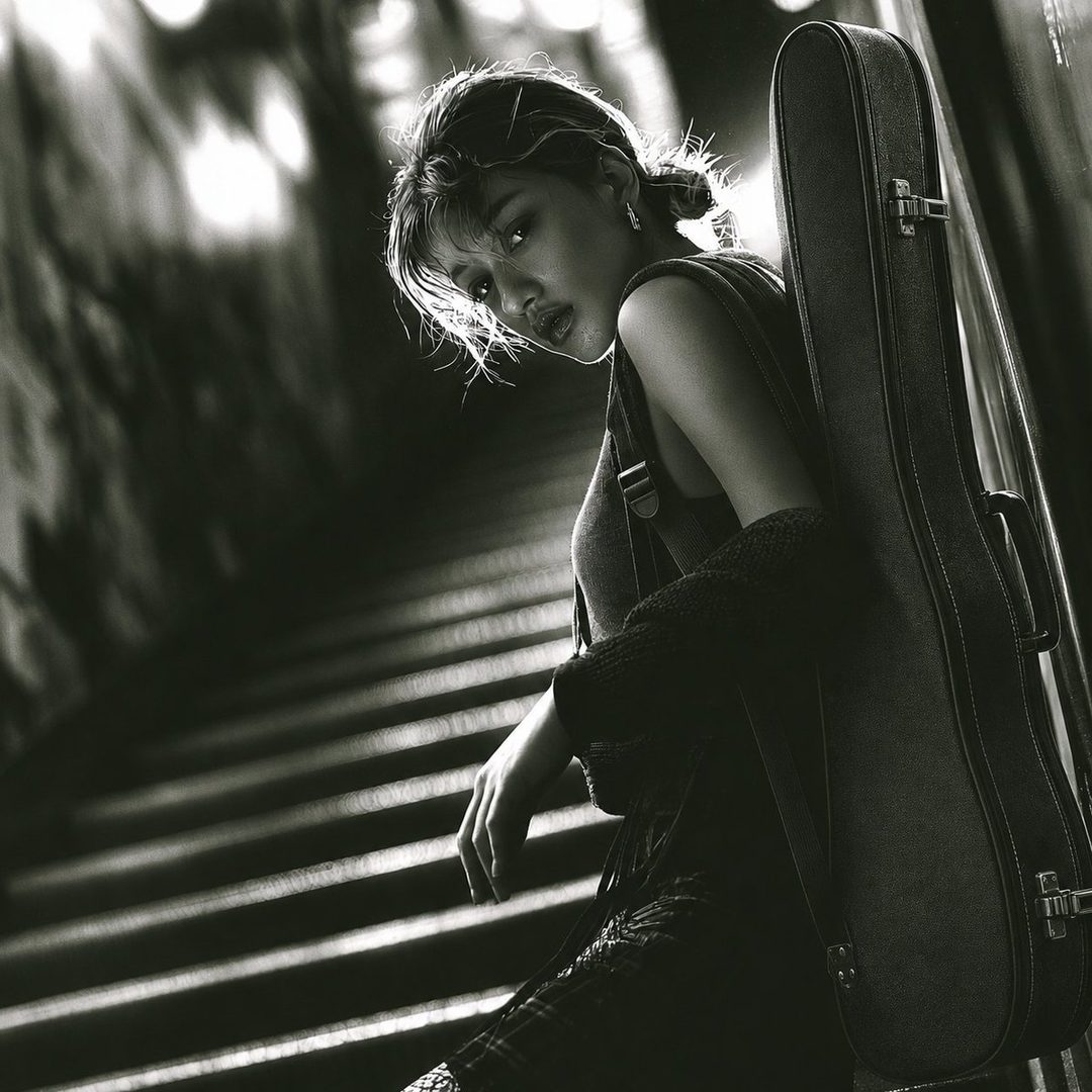 A young woman with her hair tied up, leaning against a violin case, with dramatic lighting.