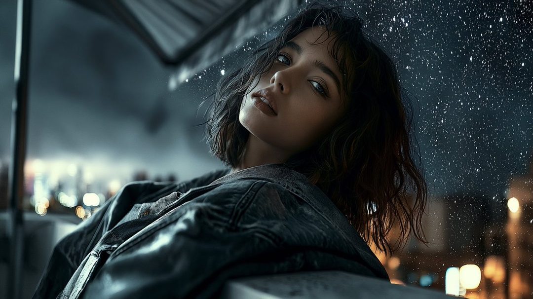 A young woman with short, dark hair poses against a bokeh city background at night, with a cinematic, moody atmosphere.