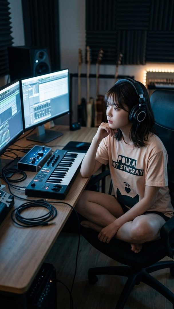 A young woman with dark brown hair and headphones sits cross-legged in a music studio, looking thoughtfully at computer monitors displaying audio software.
