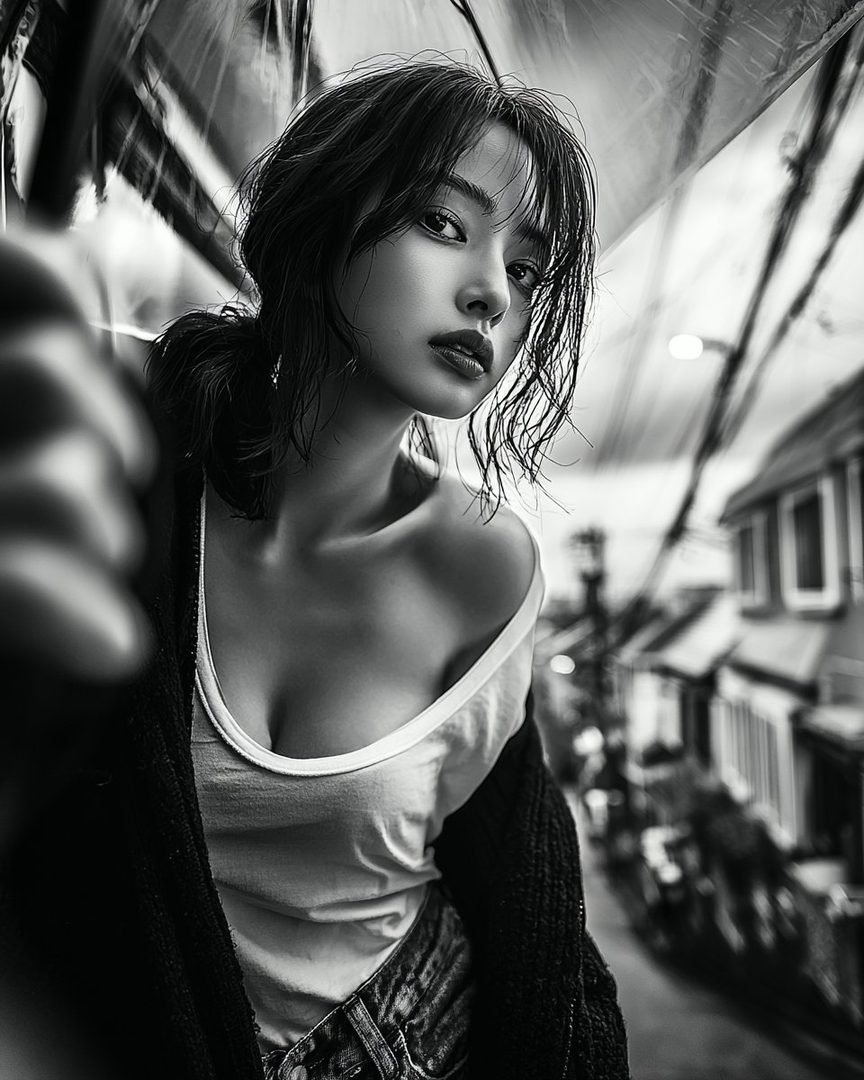 A black and white portrait of a young East Asian woman with wet hair, wearing a white top and a cardigan, holding an umbrella in the rain.